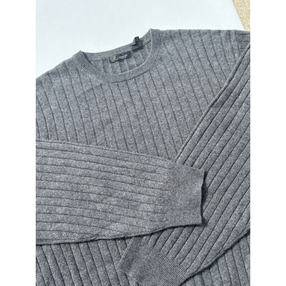 T Edwards 100% Cashmere Sweater Men 2XL XXL Gray Ribbed Crew Neck Pullover